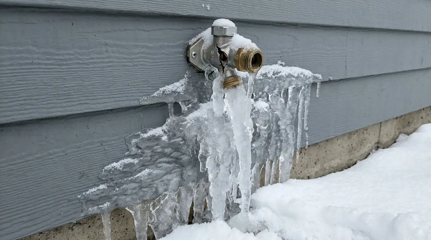 Burst outdoor faucet with ice on the siding below