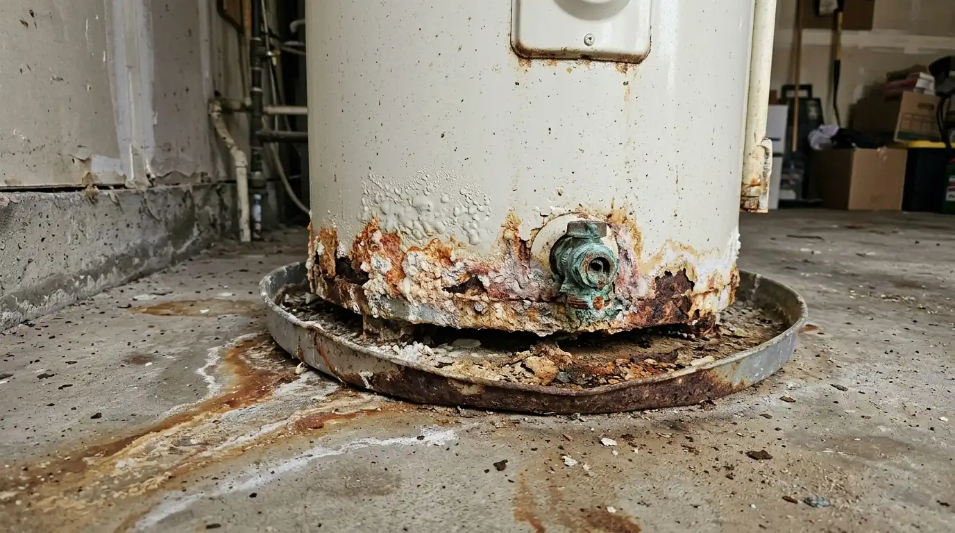 Rust at the base of an aging water heater