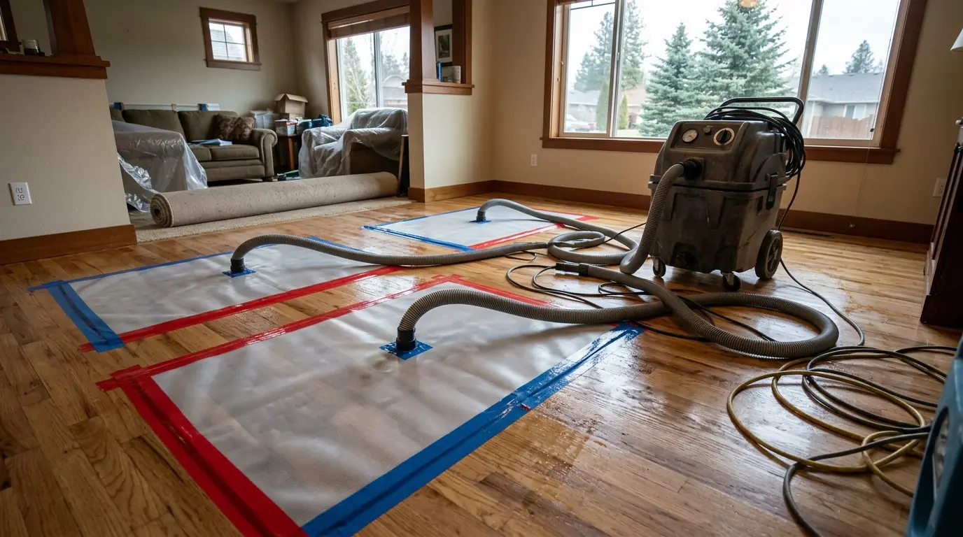 Drying mats on a wet hardwood floor