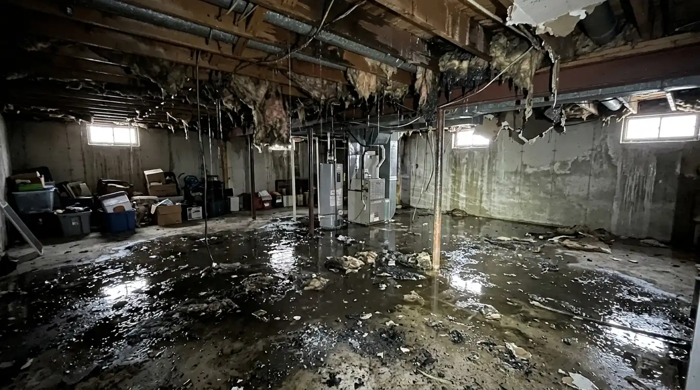 Firefighting water pooled in a basement below a fire