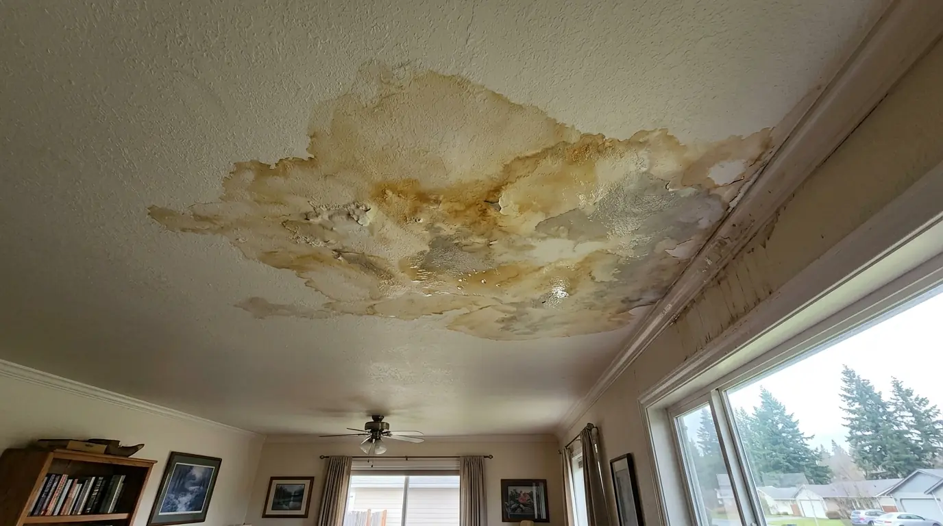 Ceiling stain spreading below a roof leak