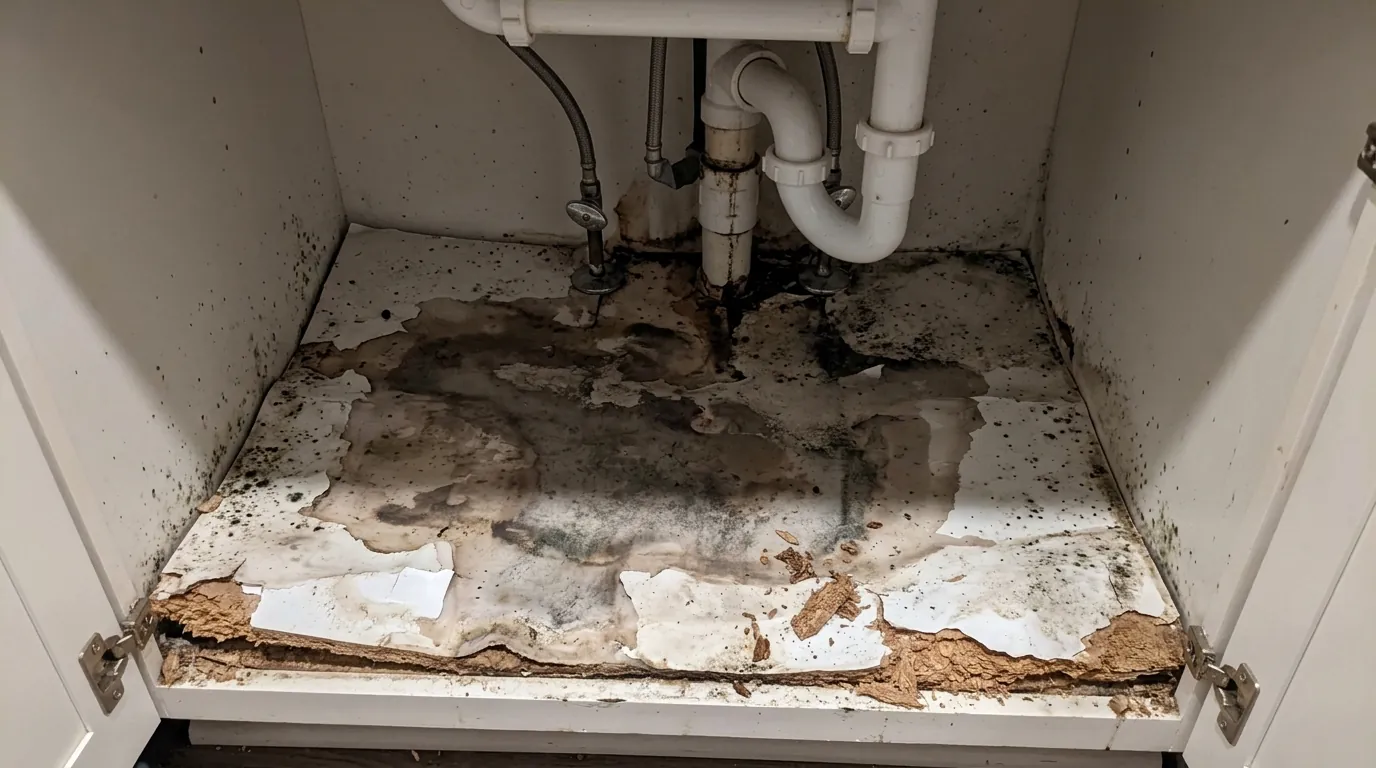 Swollen particleboard floor inside a sink base cabinet