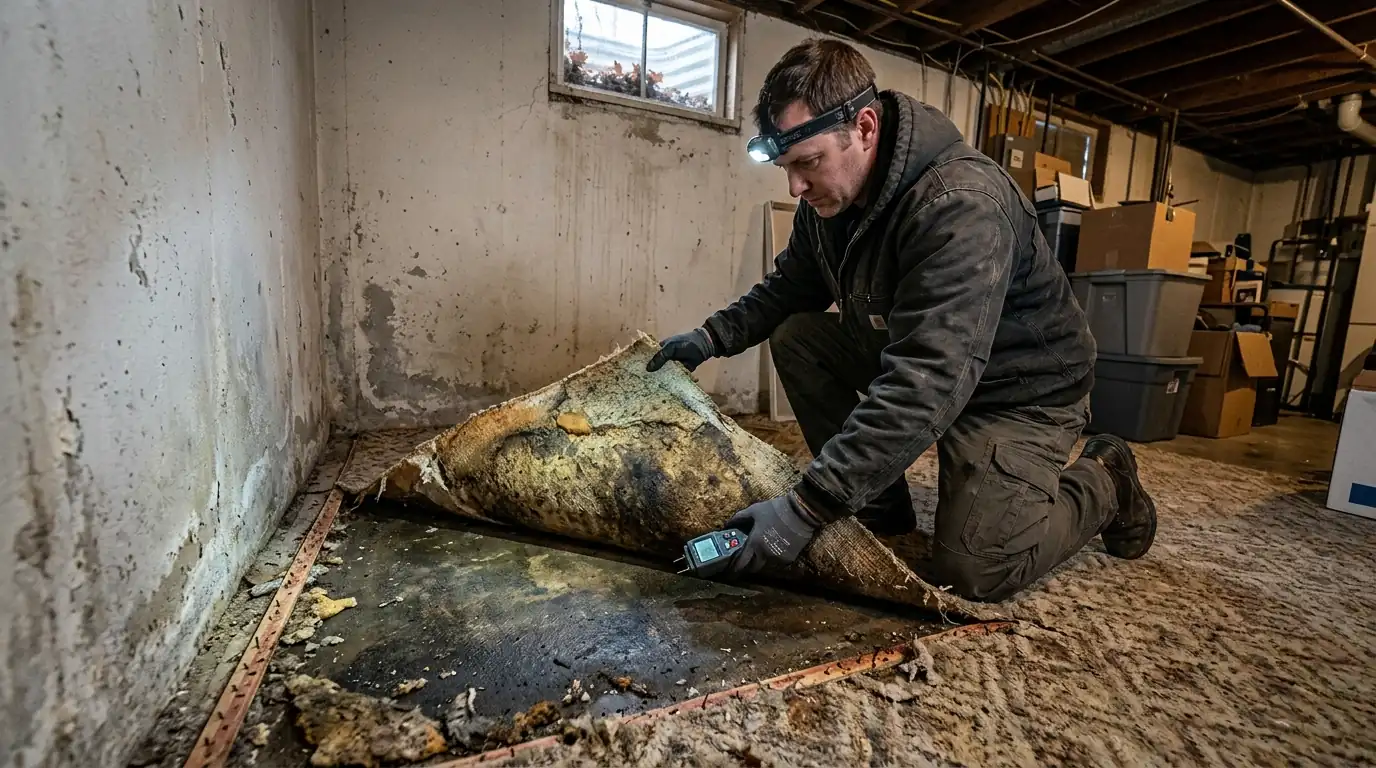 Checking damp carpet pad in a musty basement