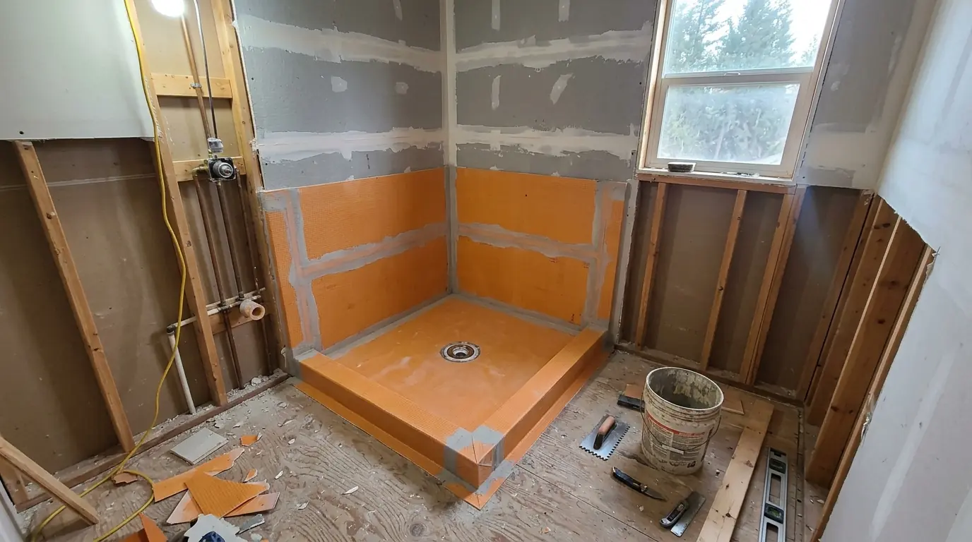 New shower pan and waterproofing in a bathroom rebuild