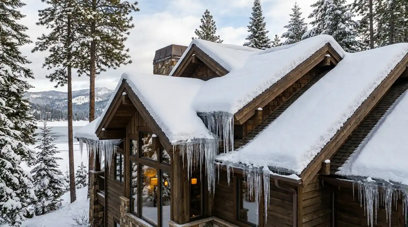 Ice along the eaves on a Hayden home in winter