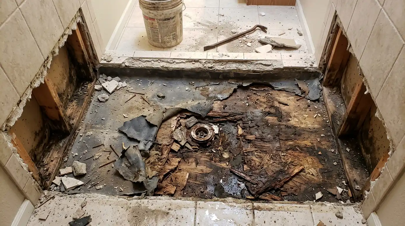 Failed shower pan and wet subfloor under removed tile