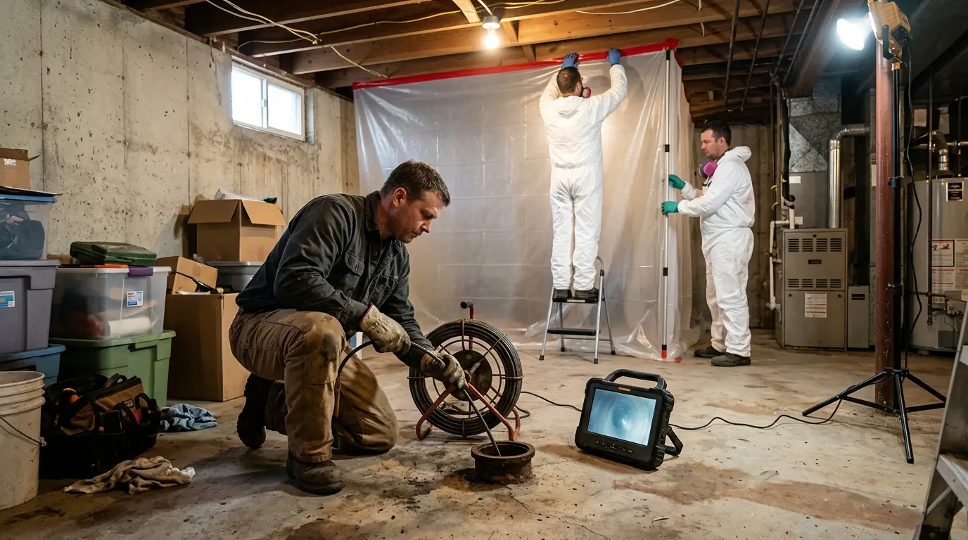 Sewer camera inspection at a basement cleanout during cleanup