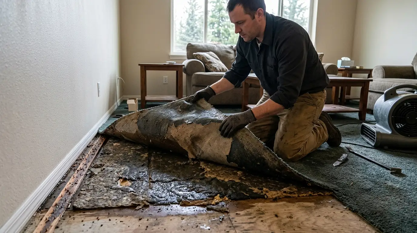 Wet carpet pulled back to expose soaked pad