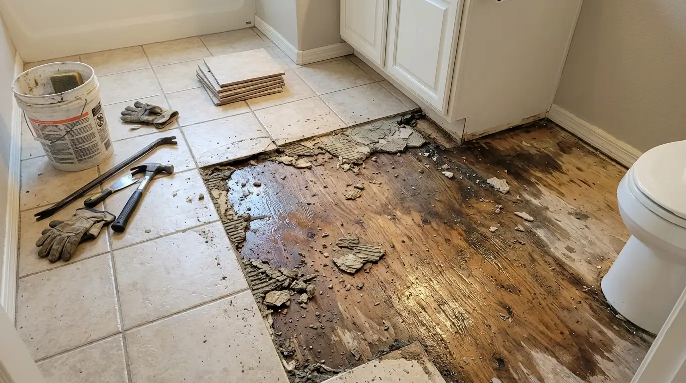 Lifting loose tile to repair the subfloor