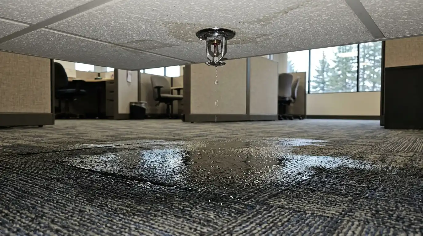 Water from a sprinkler head over wet office carpet tiles