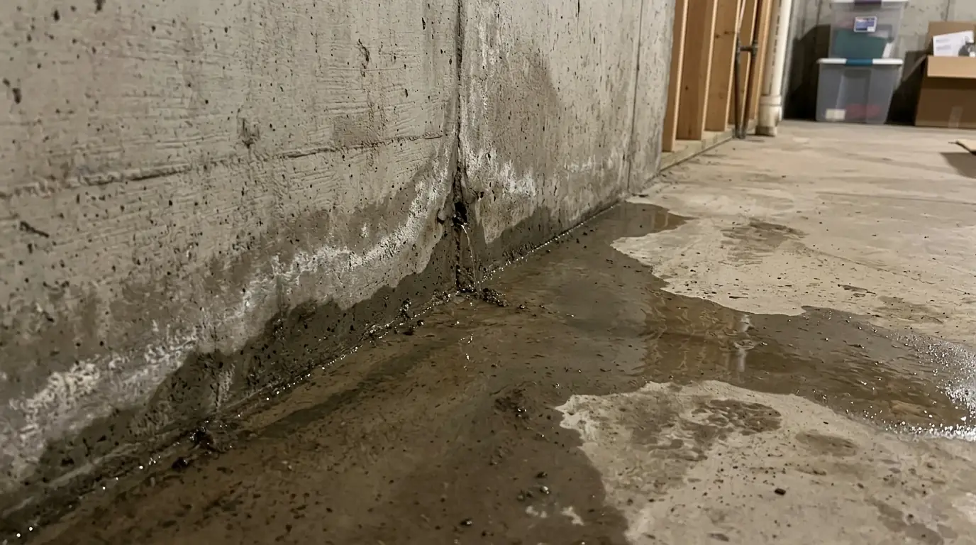 Groundwater seeping at the base of a foundation wall