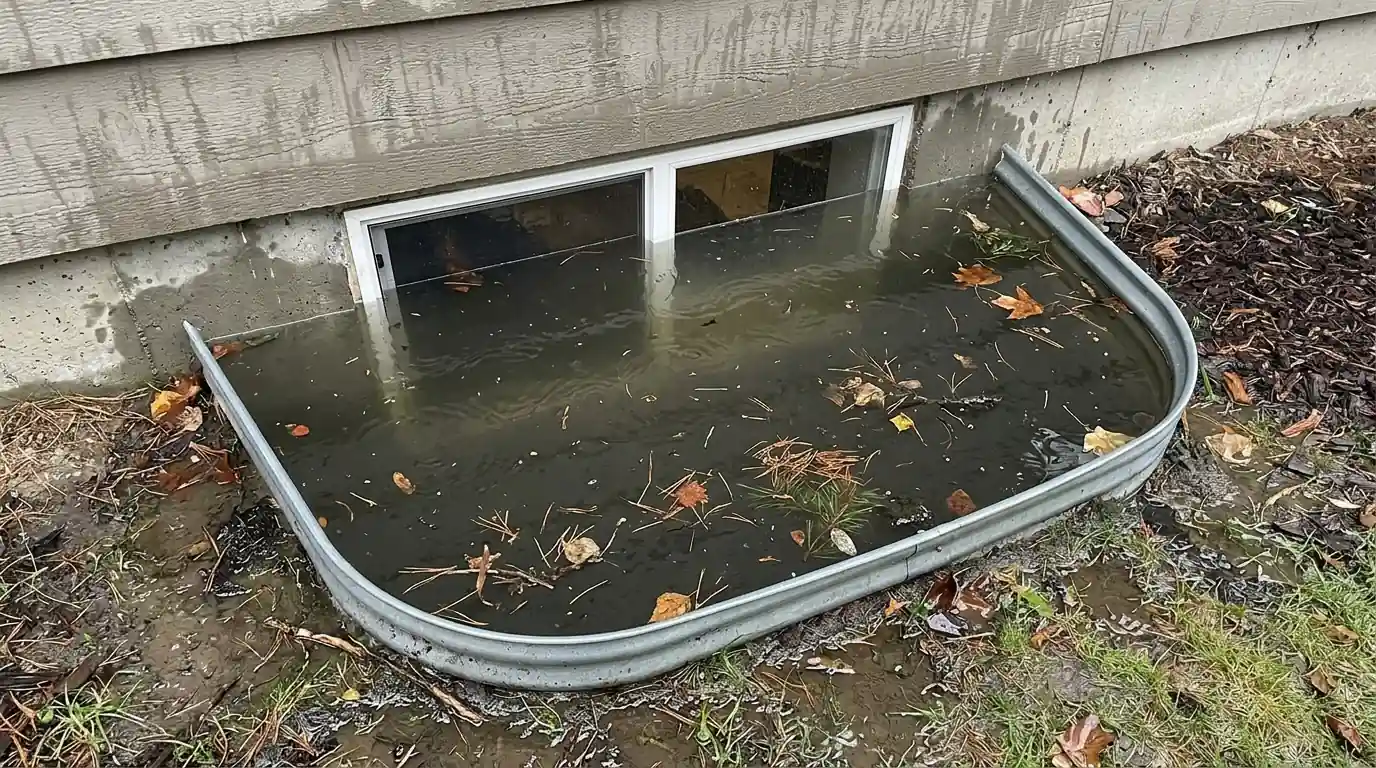 Flooded window well against a basement window