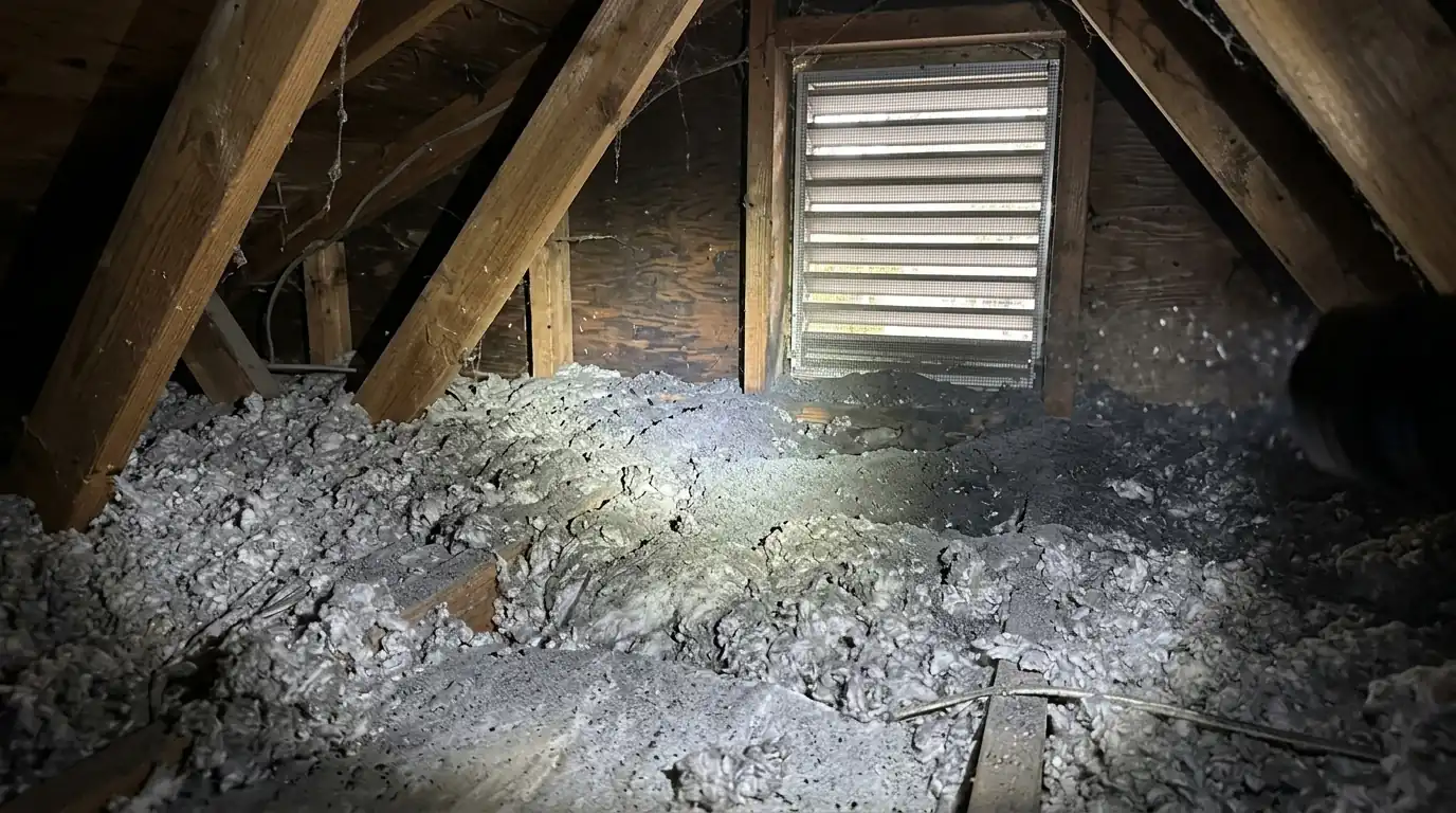 Wildfire ash on attic insulation near a gable vent