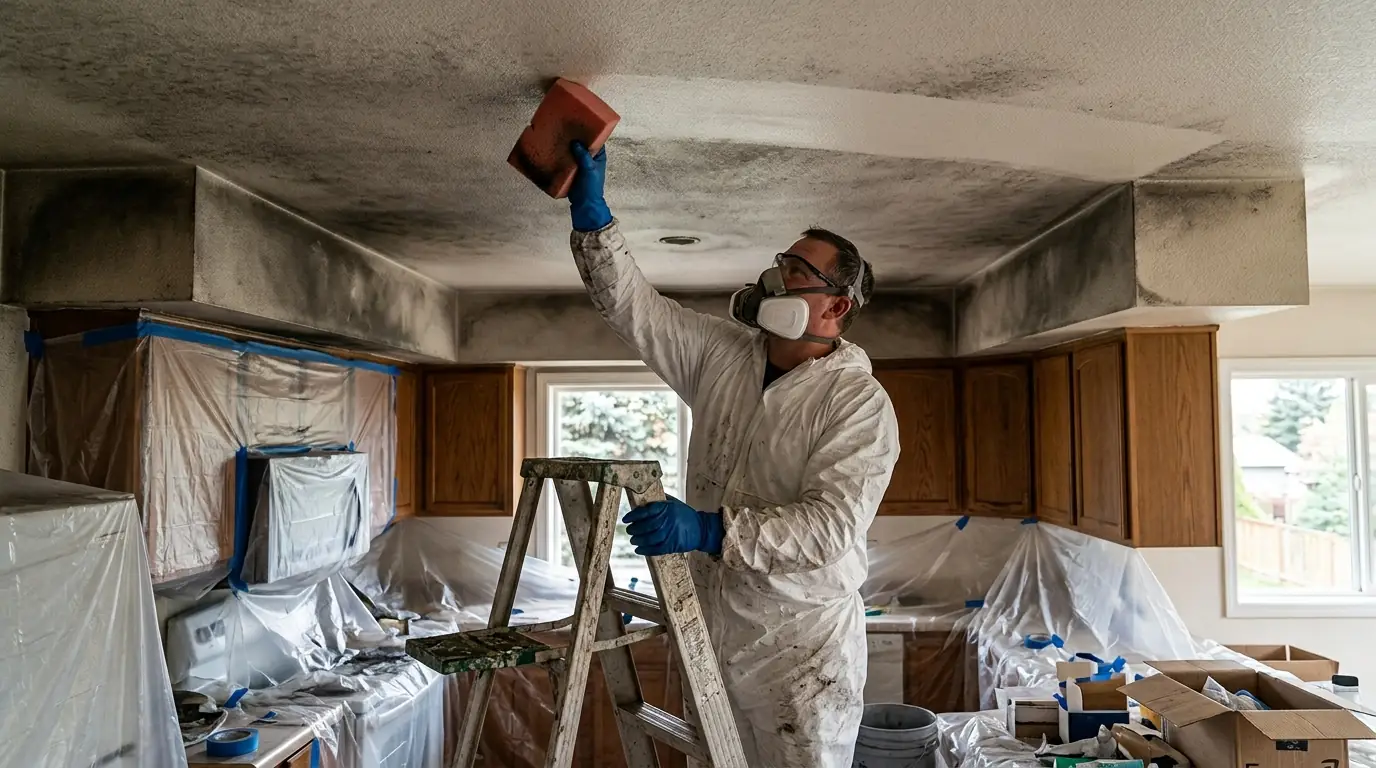 Cleaning soot from a kitchen ceiling with a dry sponge