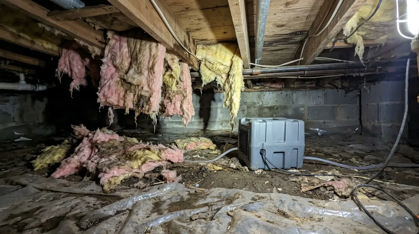 Dehumidifier drying a crawl space after a supply line break