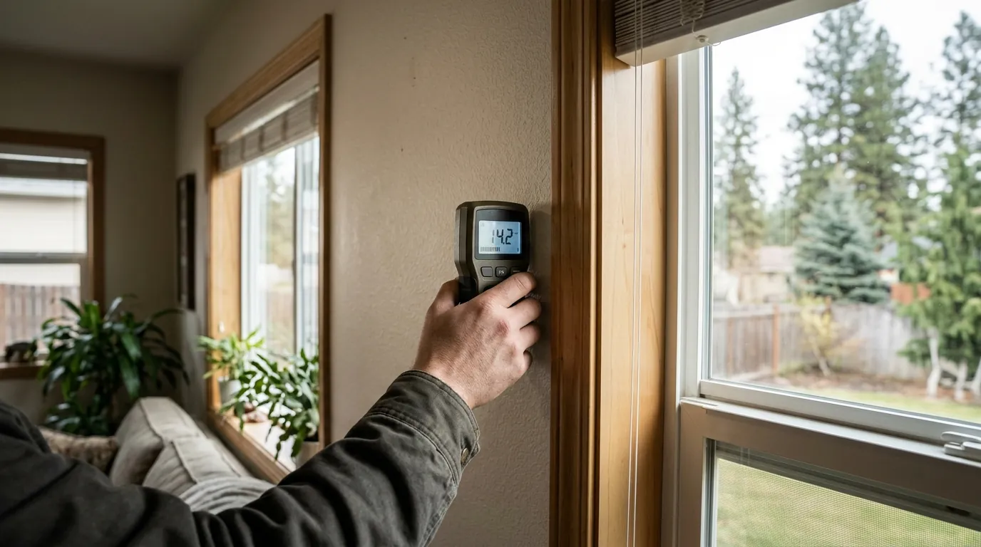 Pinless moisture meter scanning a wall
