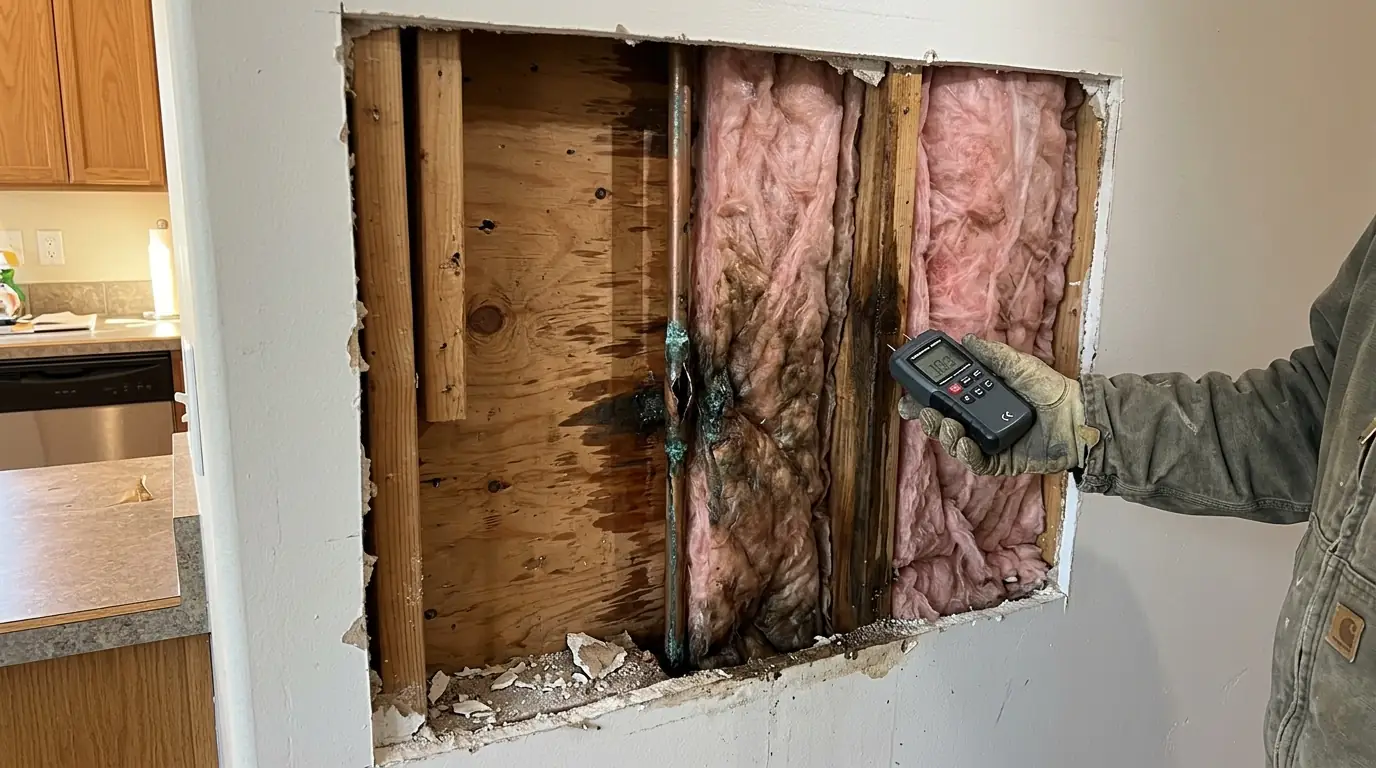 Split copper pipe inside an opened kitchen wall with wet insulation