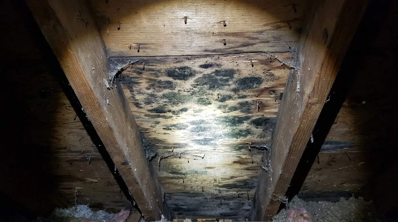 Mold patches on attic sheathing between rafters