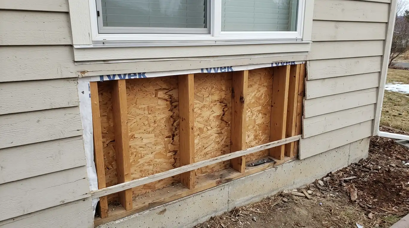 Wall cavity opened below a window after an ice dam leak