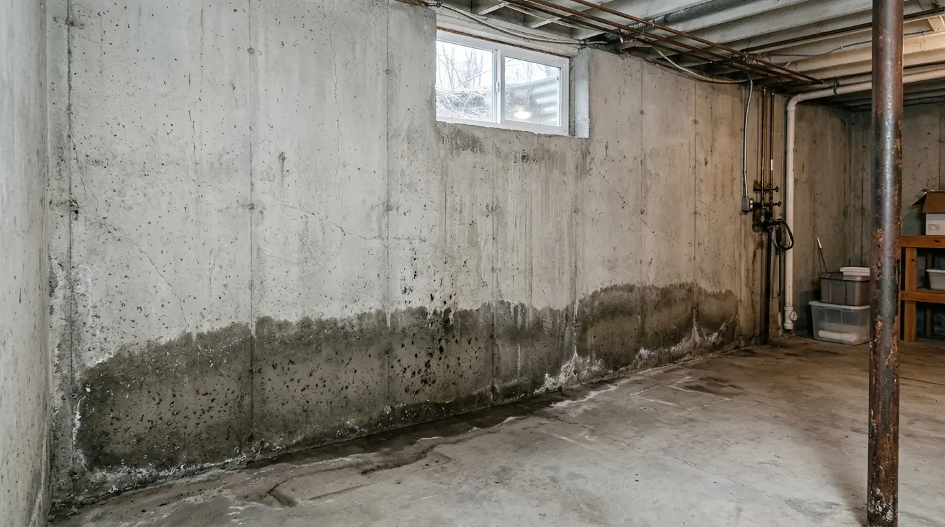 A damp band at the base of a basement wall in spring