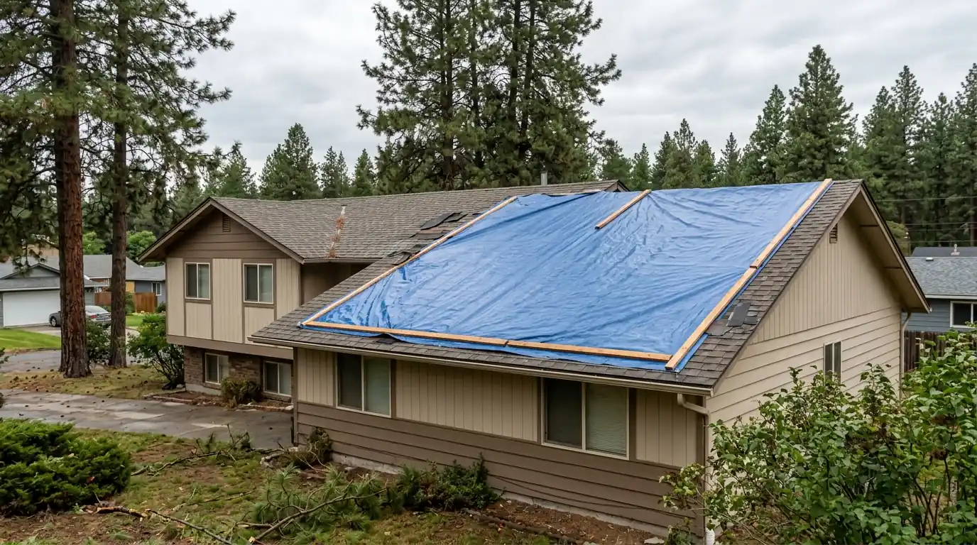 Battened tarp over a storm-damaged roof