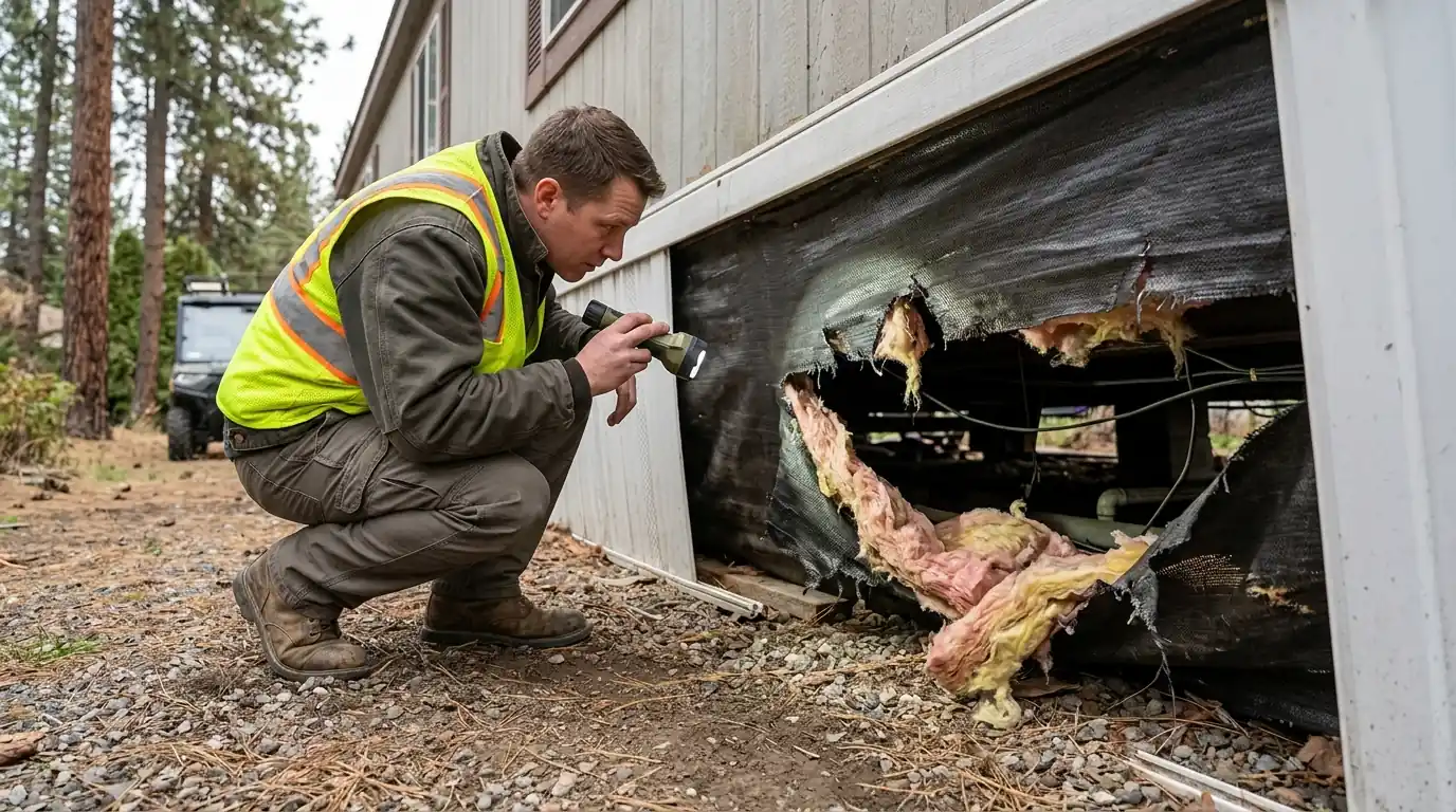 Inspecting a torn manufactured home belly wrap