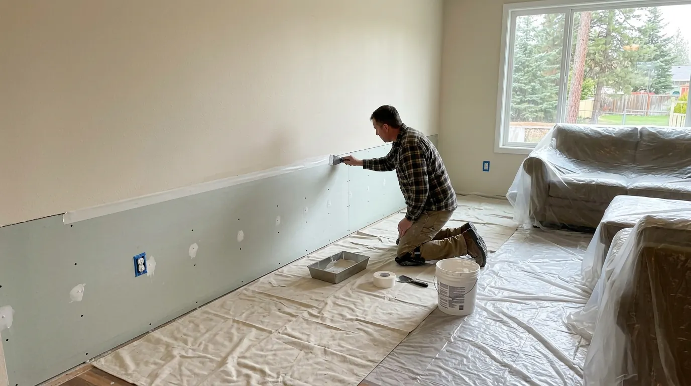 Taping new drywall along a flood cut
