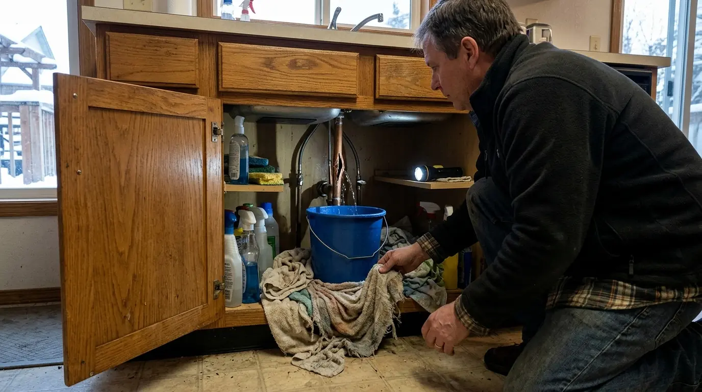 Catching water from a split pipe under a kitchen sink