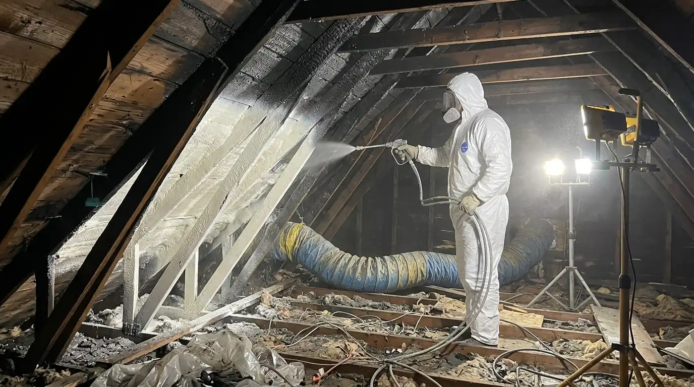 Cleaning and sealing charred attic framing after a fire