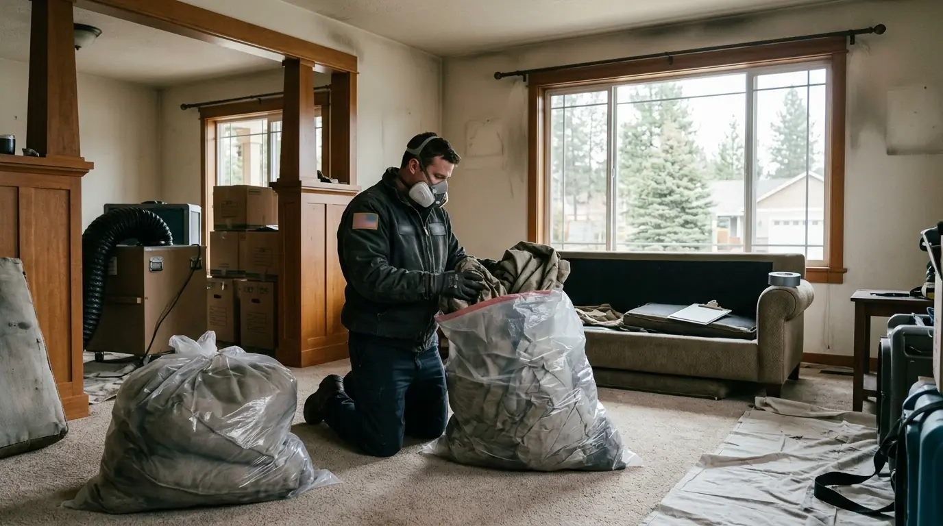 Smoke-affected drapes and cushions bagged for off-site cleaning