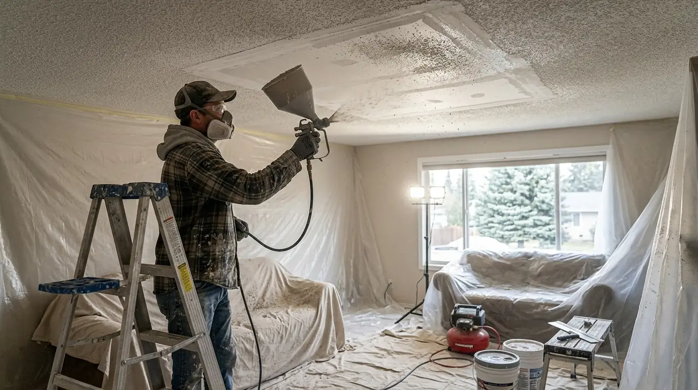 Spraying knockdown texture on a repaired ceiling