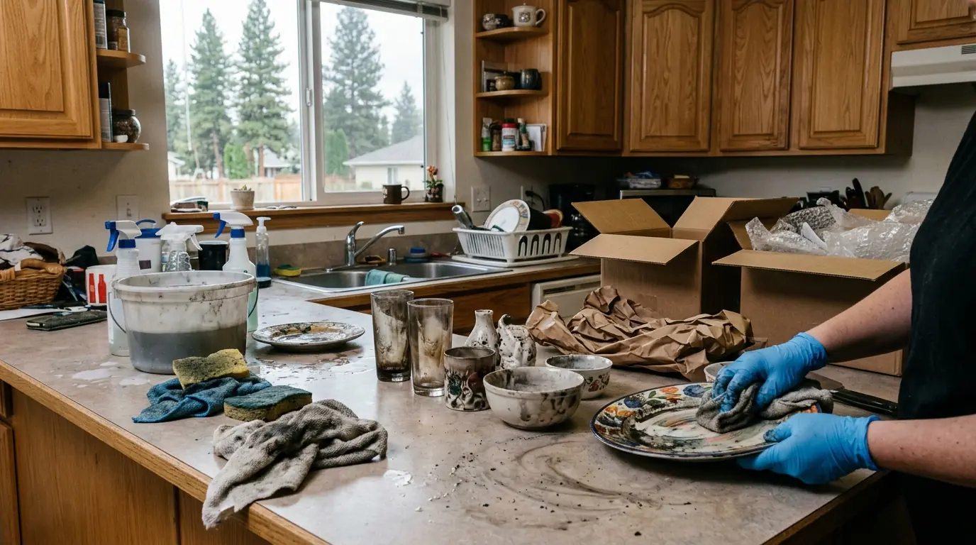 Smoke-affected kitchen items cleaned and boxed