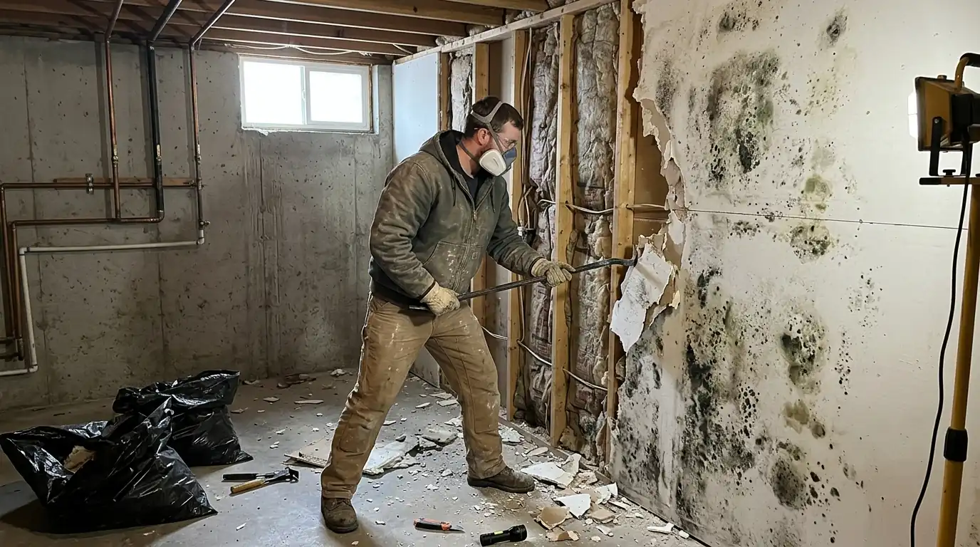 Removing mold-stained drywall from stud bays