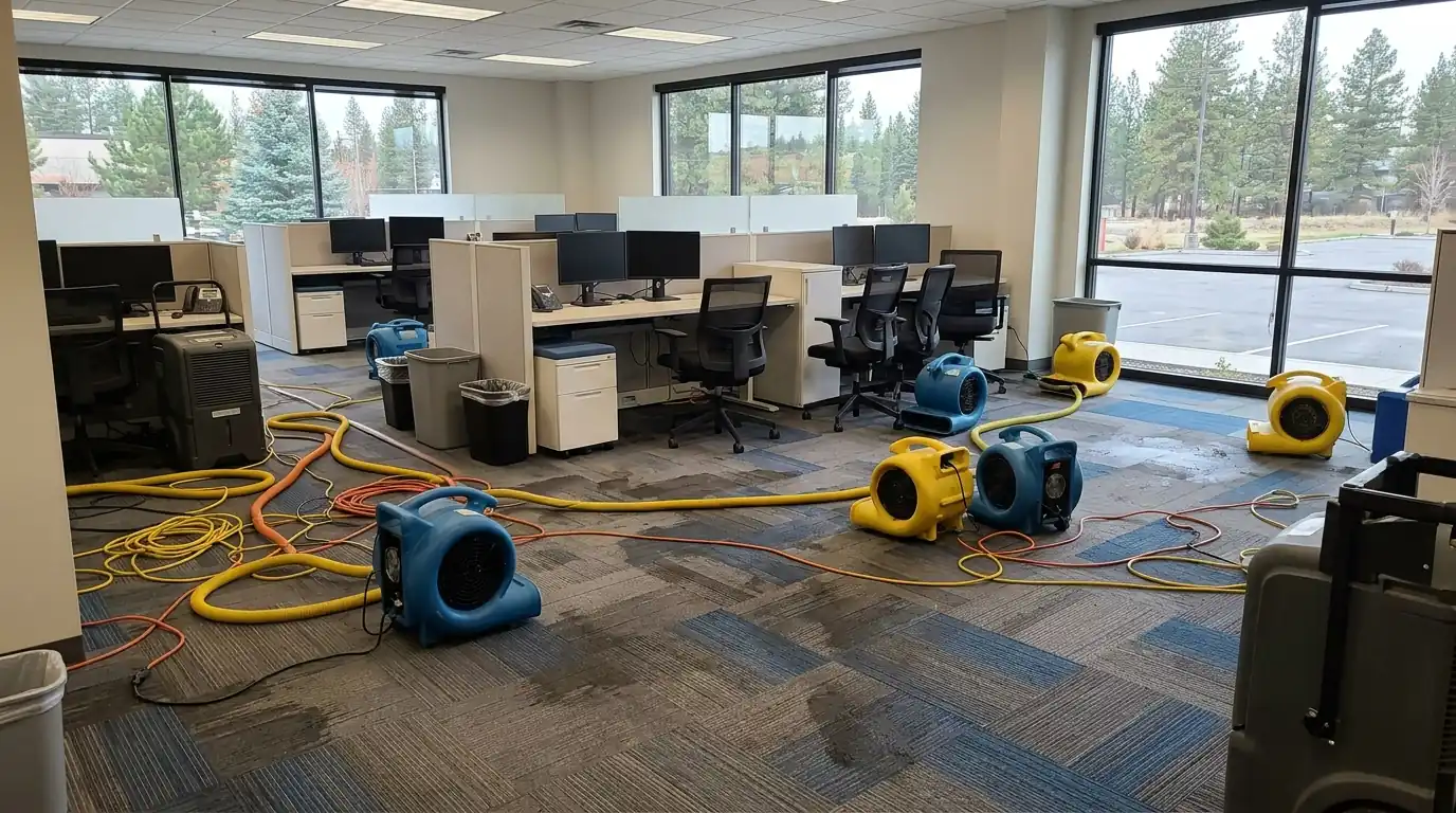 Drying carpet tile in an office after water damage