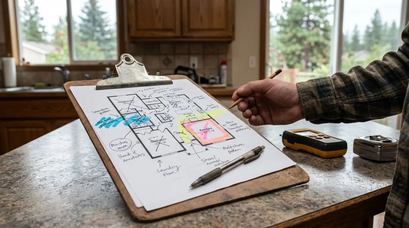 Moisture map marked on a floor plan