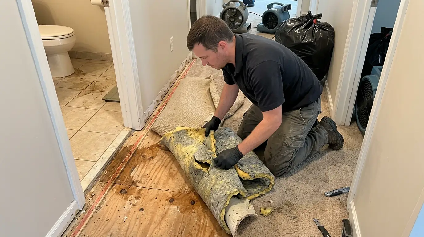 Removing wet carpet pad outside a bathroom after a toilet overflow
