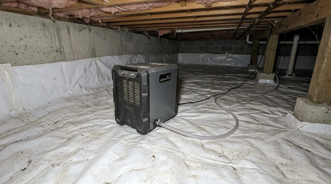 A dehumidifier running in a sealed crawl space