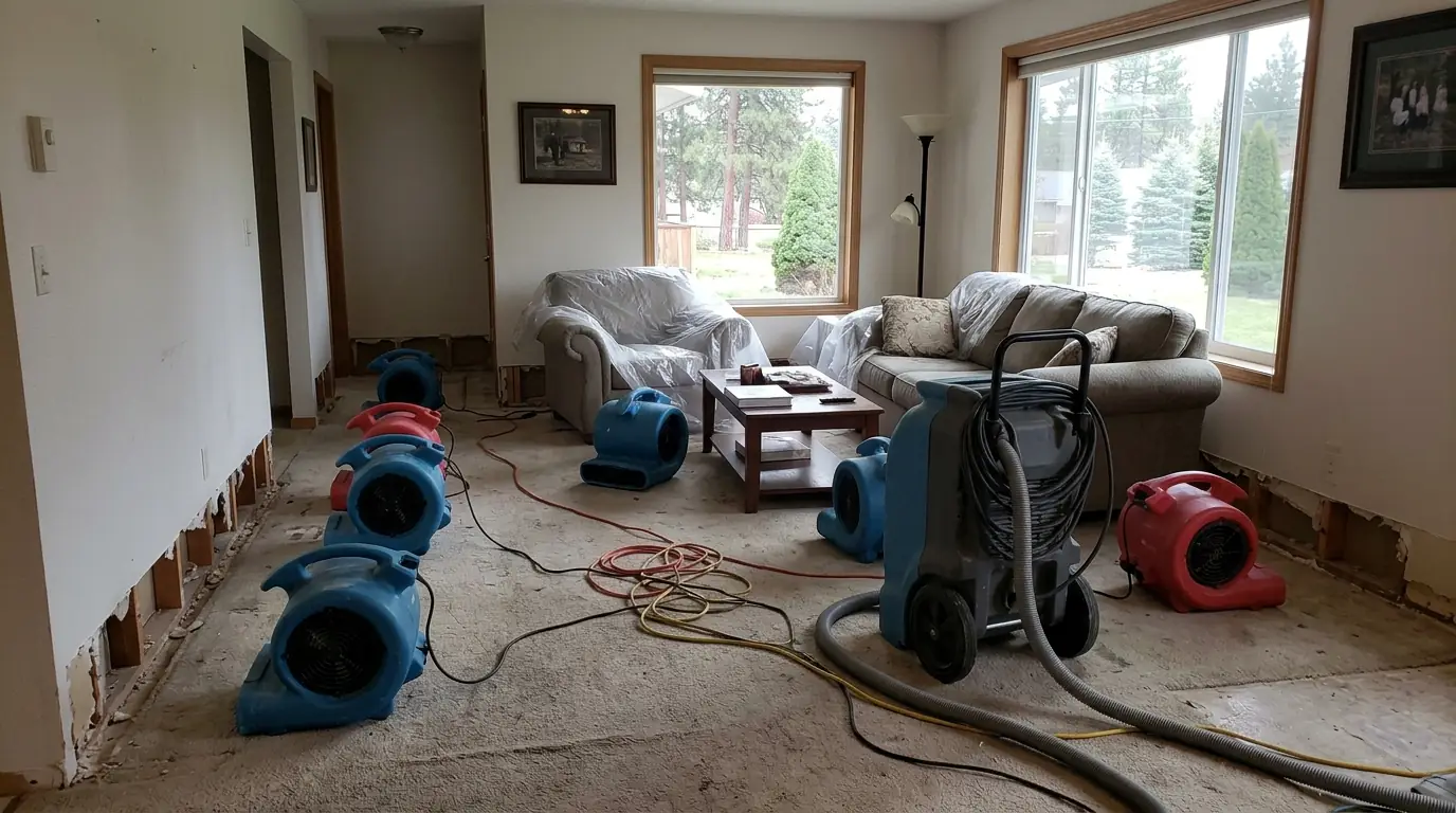 Air movers and a dehumidifier drying a living room