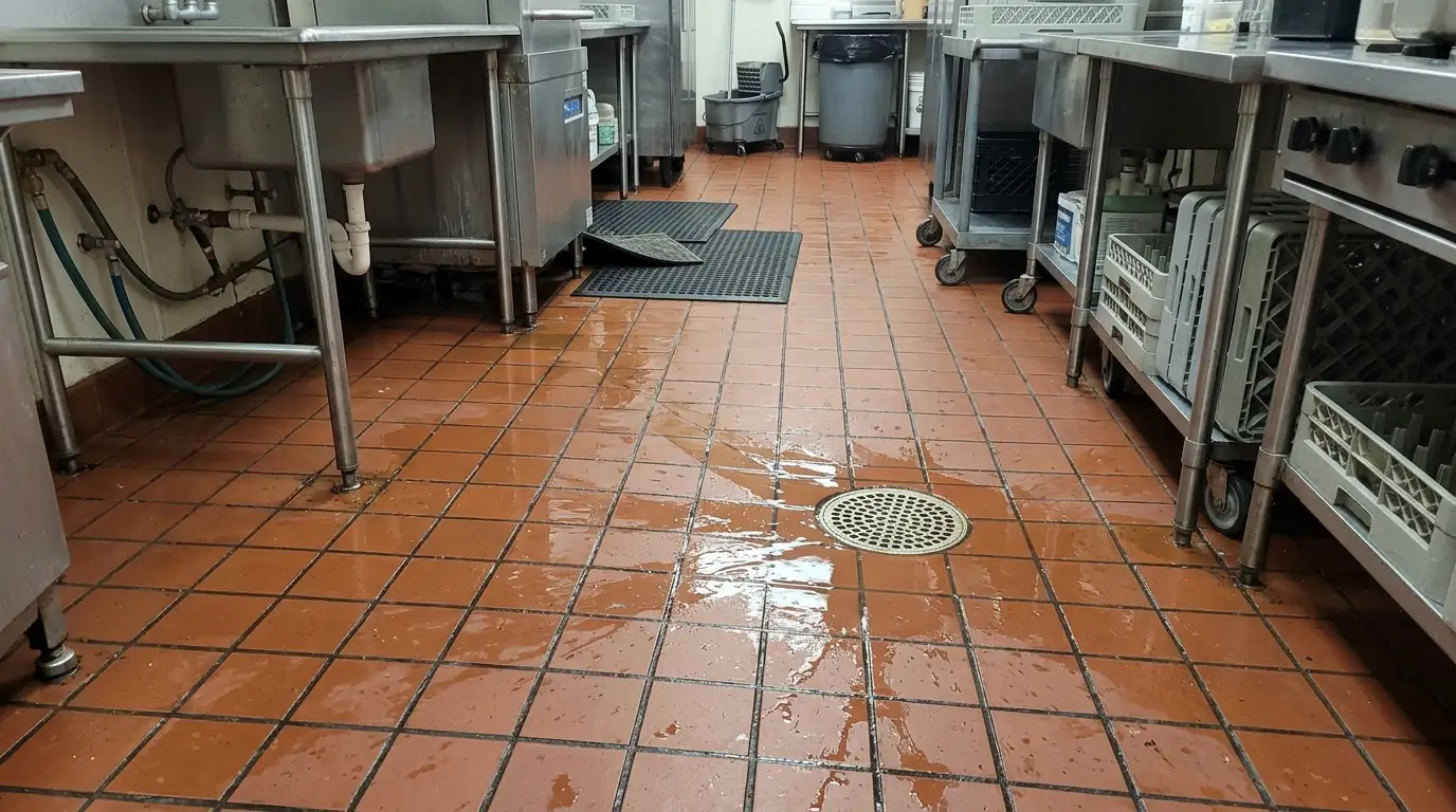 Water around equipment in a restaurant kitchen