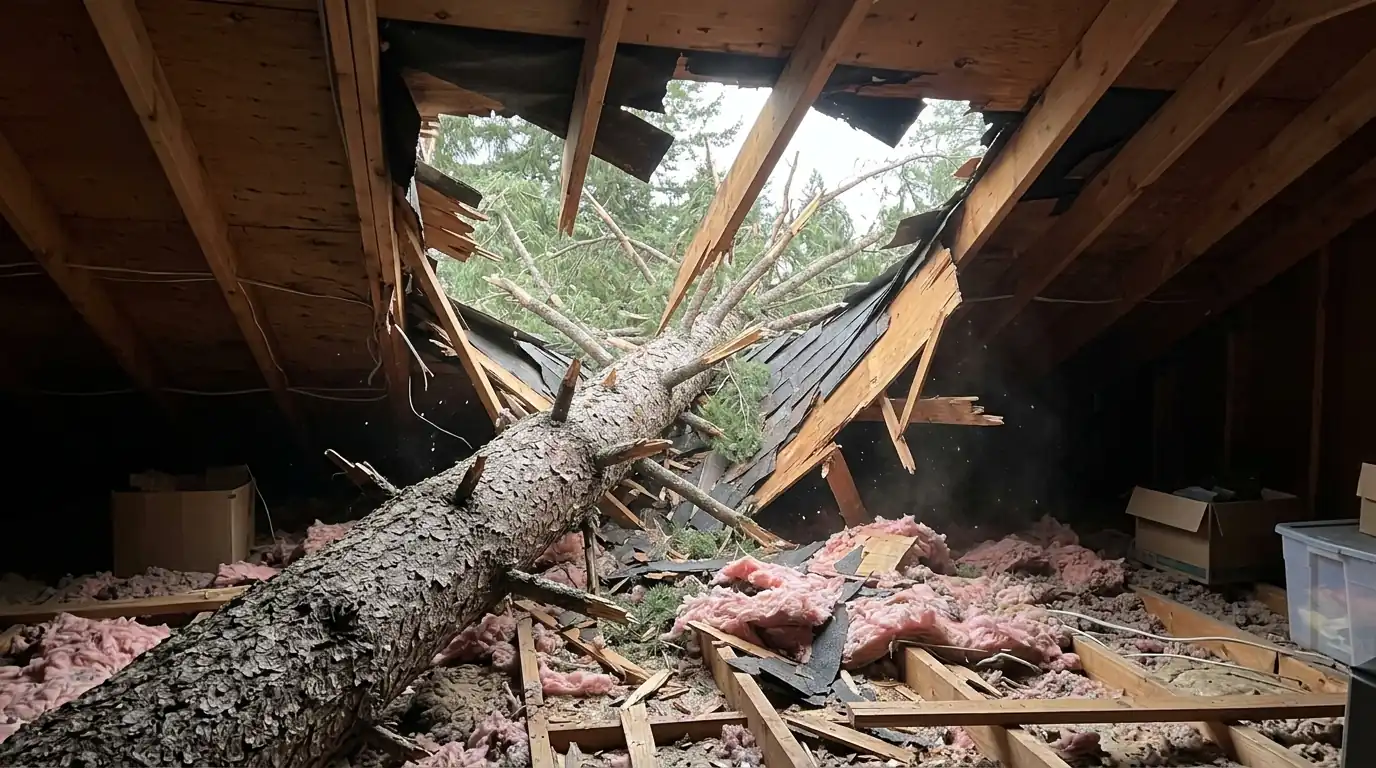 Tree limb through a roof with rafters exposed