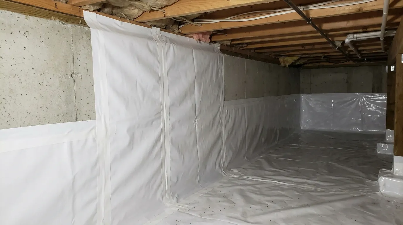 New vapor barrier with taped seams in a crawl space