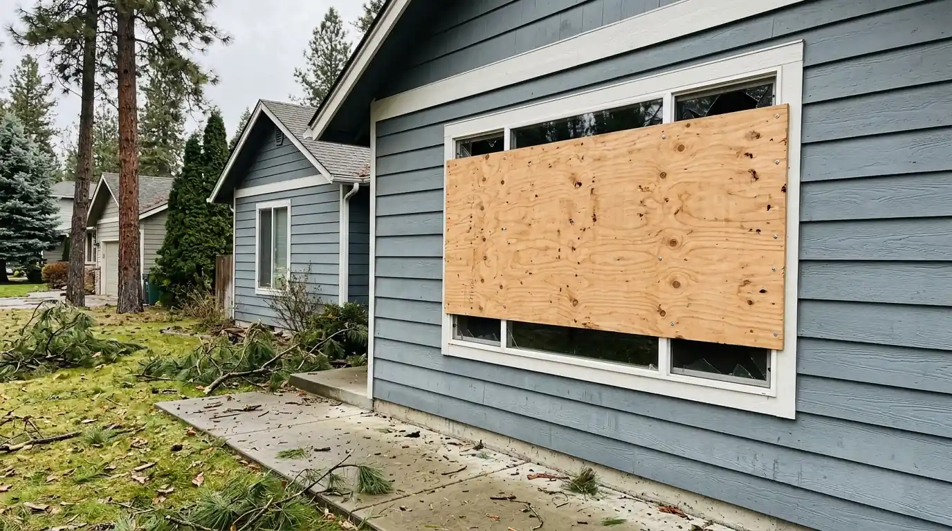 Plywood board-up over a broken window