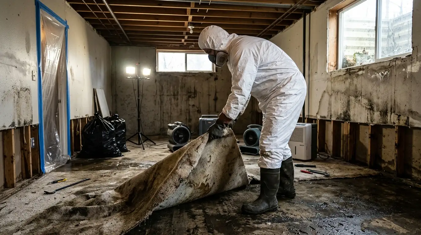 Removing contaminated carpet after a sewage backup in a basement