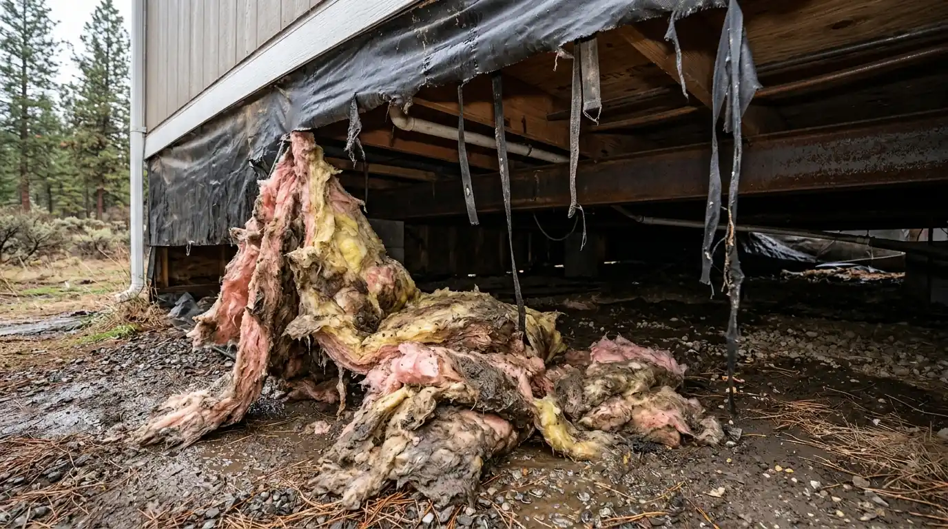 Wet insulation removed from a manufactured home belly