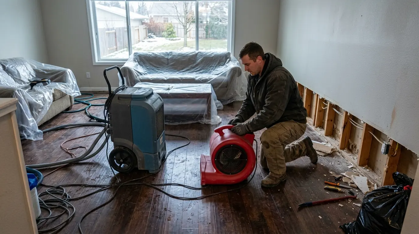 Clean Home technician setting drying equipment after water damage in a Spokane Valley living room