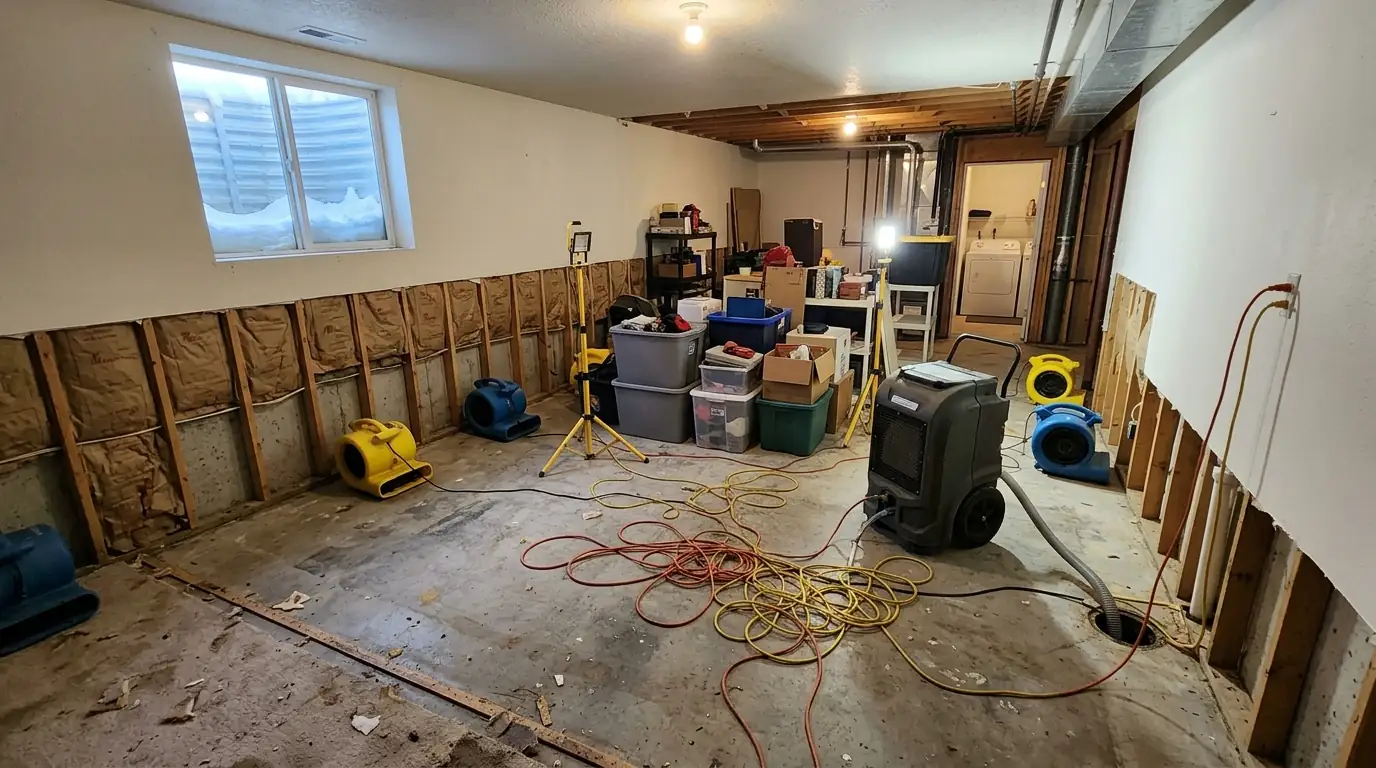Drying equipment running in a Spokane Valley basement after water damage