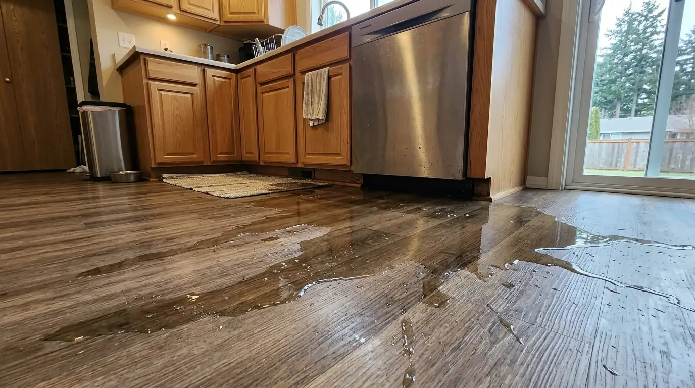 Water spreading from under a dishwasher